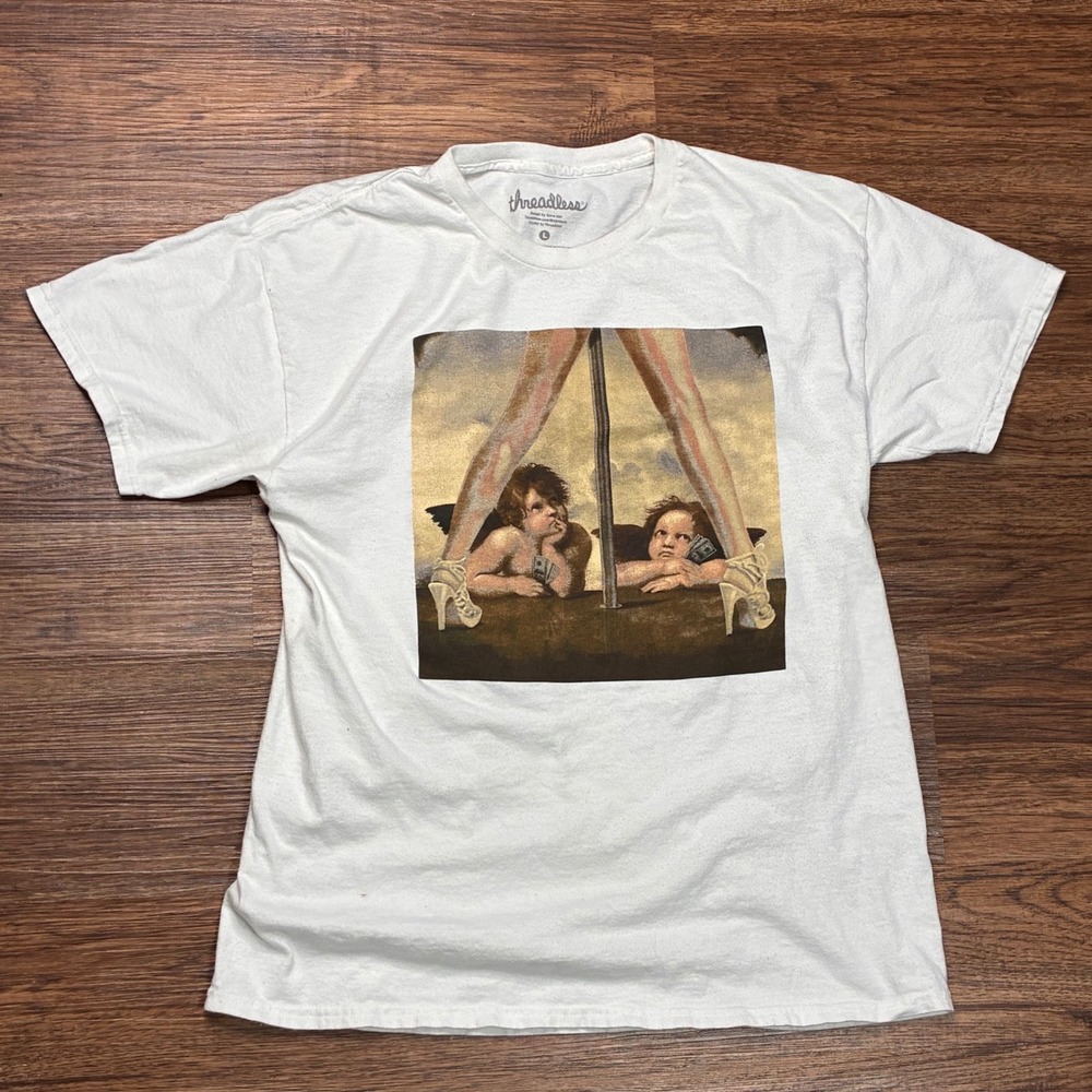 Threadless Cherub Pole Dancer Angel Graphic T-Shirt Men's L White Art Tee